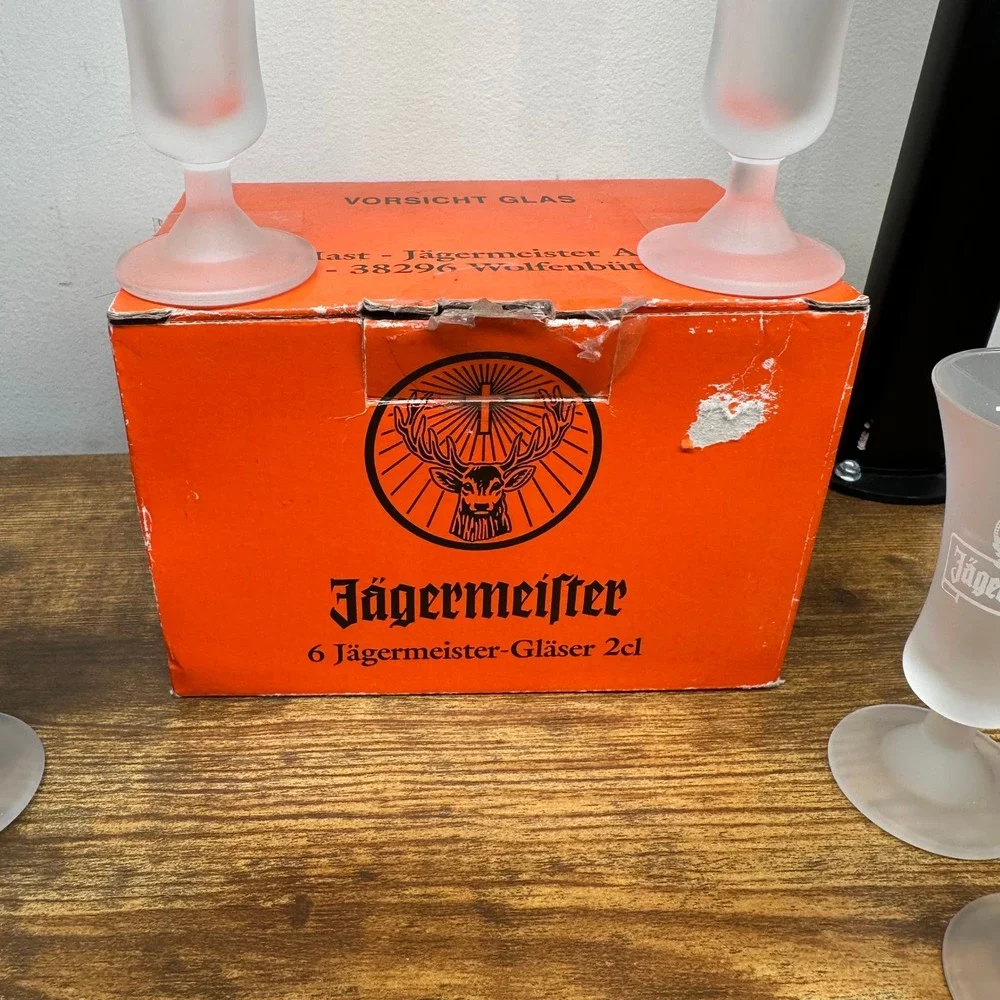 Jagermeister Frosted Glass Shot Glasses Set of 6 with Original Box 2cl Stemmed